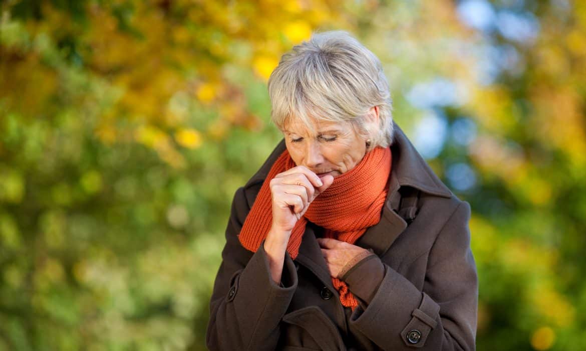 Older woman outside in parka and scarf coughing into hand