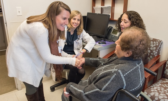 At Northwestern Medicine, Anne Seltzer, social worker with the division of geriatrics, and geriatrician Sara Bradley, MD, work with patient Kareemeh Simon and her daughter, Mary.