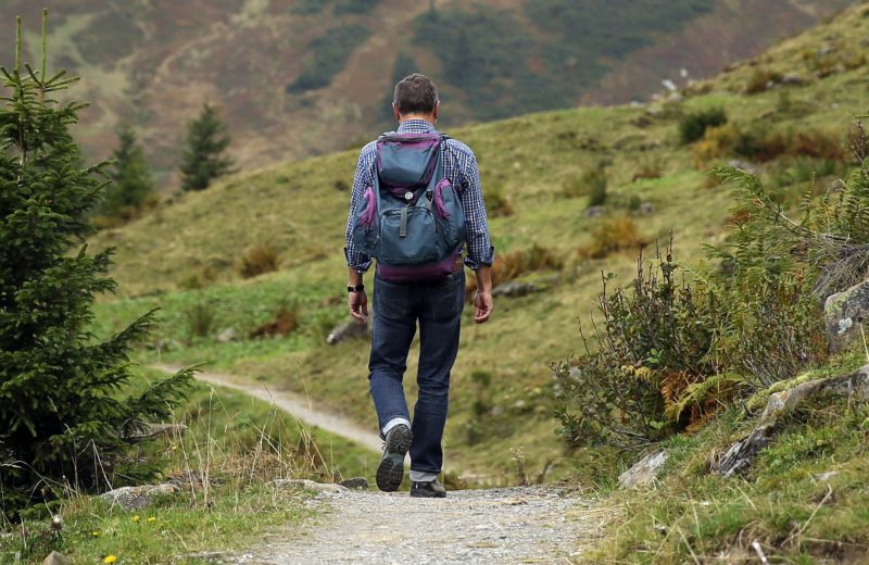 Shot from behind of man taking a hike on a trail and wearing a backpack