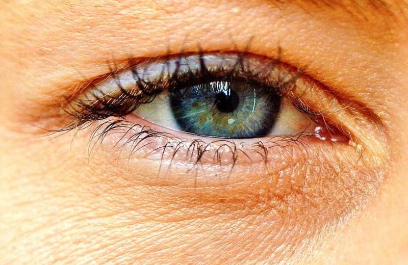 Dry eyes: image is up close shot of eye in a bit of a squint with green/blue iris