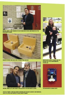 Photos at Von Steuben High School of Robert Christlieb, Michael Ramos, Katie Scarlett Brandt with the Noah water flusher system