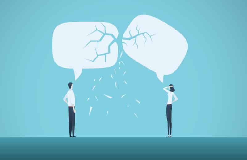 Illustration of two advocate communicating with speech bubbles cracking. Need for patient advocates.