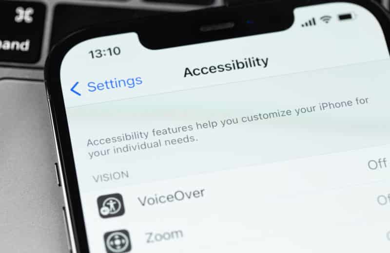 Accessibility settings on screen iPhone closeup. Apple Accessibility settings for users who are blind or low vision.