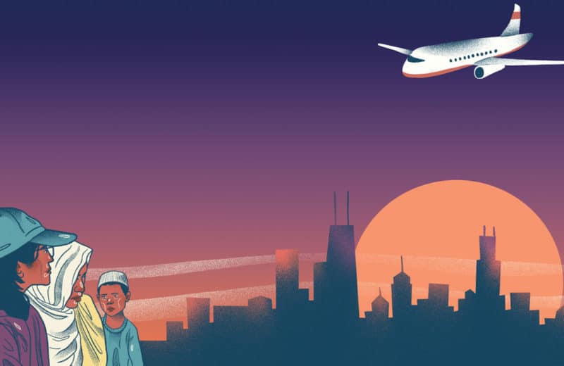 Chicago is one of the top U.S. cities providing healthcare access to refugees, immigrants, and asylum seekers. Illustration of refugees and plane set against Chicago skyline.