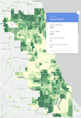 A digital map of Chicago shows areas shaded in yellow and green based on amount of trees each area has.