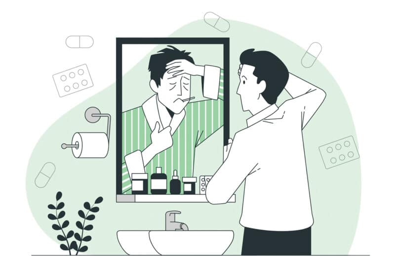 Illustration of a hypochondriac looking in the bathroom mirror surrounded by pills