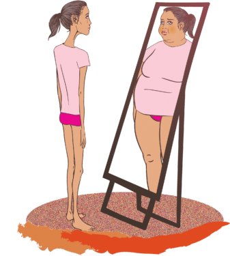 Illustration of an anorexic woman looking in the mirror and seeing herself as overweight