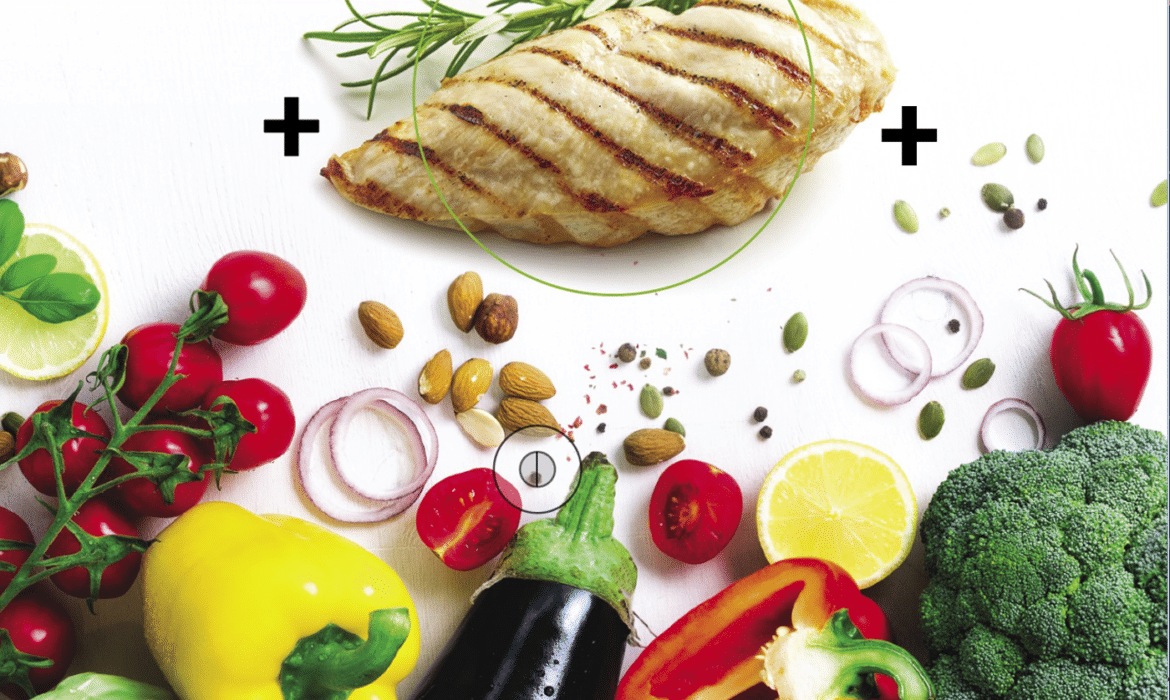 Photo of one chicken breast surrounded by a much larger proportion of vegetables representing the flexitarian diet.