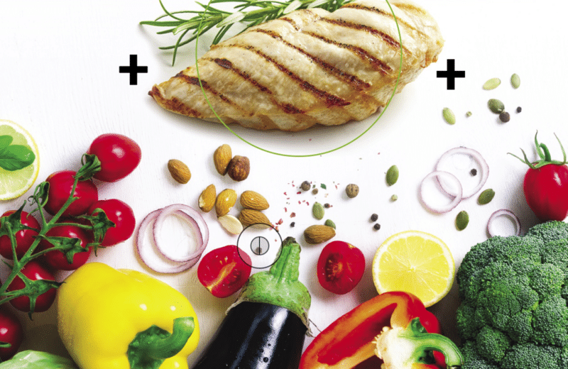 Photo of one chicken breast surrounded by a much larger proportion of vegetables representing the flexitarian diet.