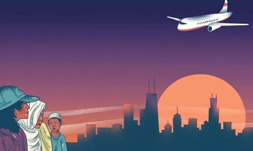 Finding Refuge Illustration of Immigrants watching plane come in with Chicago skyline in background