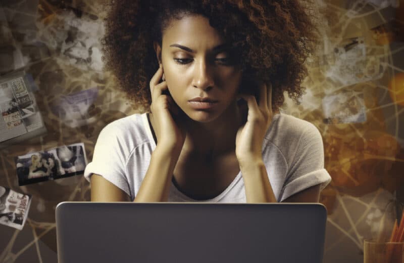 ADHD in adult women is now being diagnosed with more frequency. Image of a women in front of a laptop with scrambled images behind her symbolizing an inability to focus