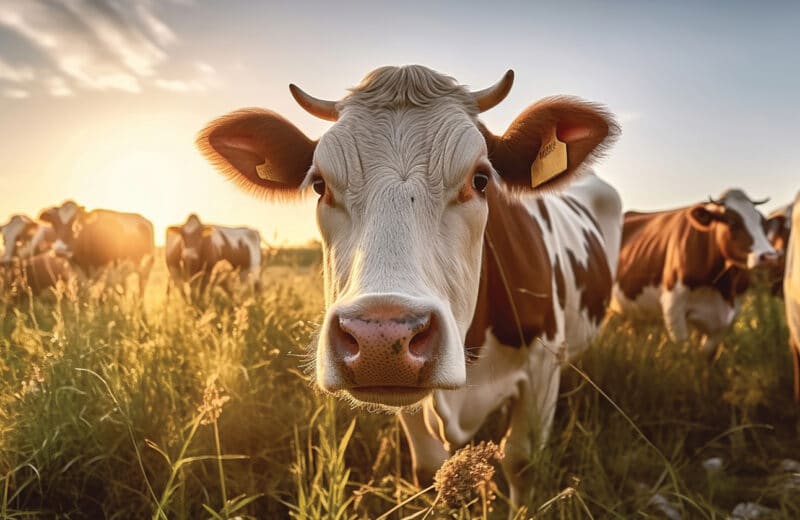 Portrait of a cow in a pasture. Beef is the most environmentally damaging form of meat