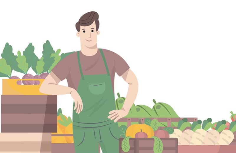Illustration of farmer with produce, harvest, representing environmental nutrition