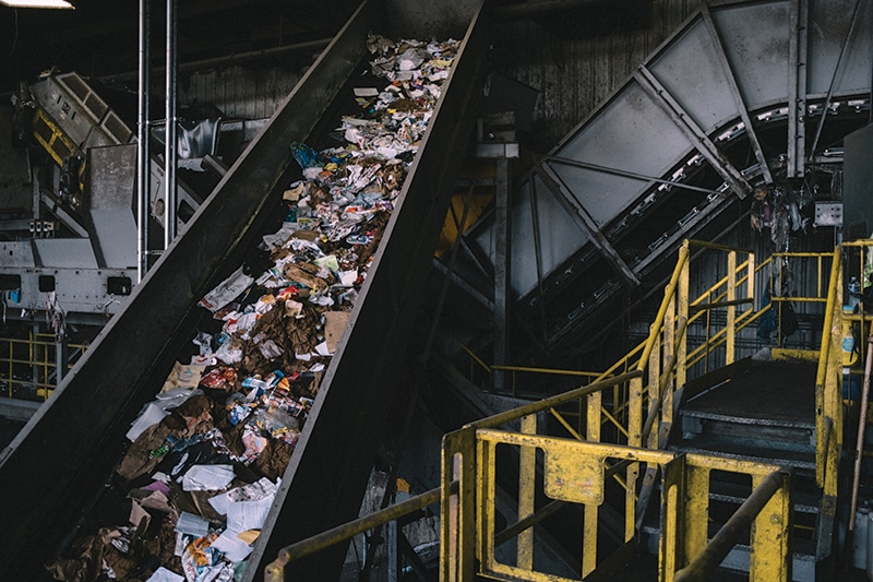 A conveyor belt moves recyclables prior to separating them