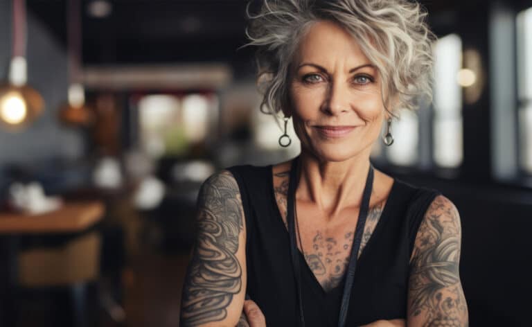 Portrait of a middle aged woman with tattoos