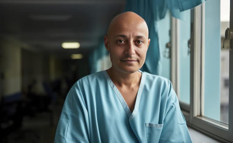 Man in hospital who has lost his hair from cancer treatment