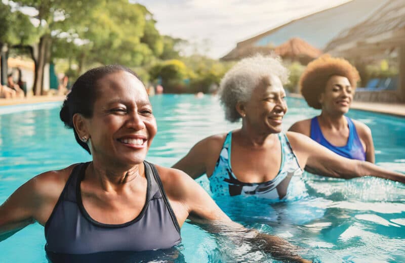 Three women in a pool changing their exercise routine, avoiding a workout rut