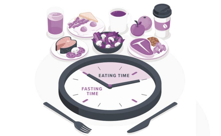 Illustration of intermittent fasting. Food seen around a limited number of hours of a clock.