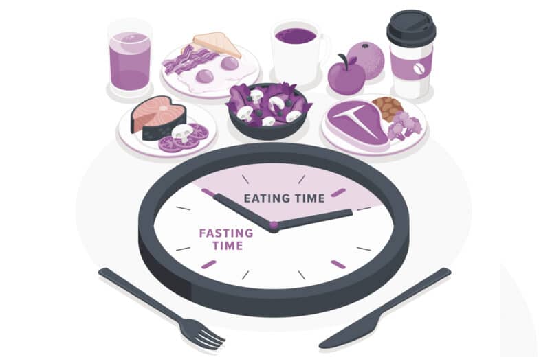 Illustration of intermittent fasting. Food seen around a limited number of hours of a clock.