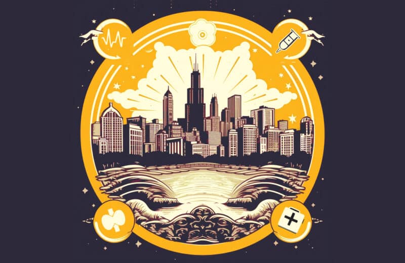Illustration of Chicago with medical icons