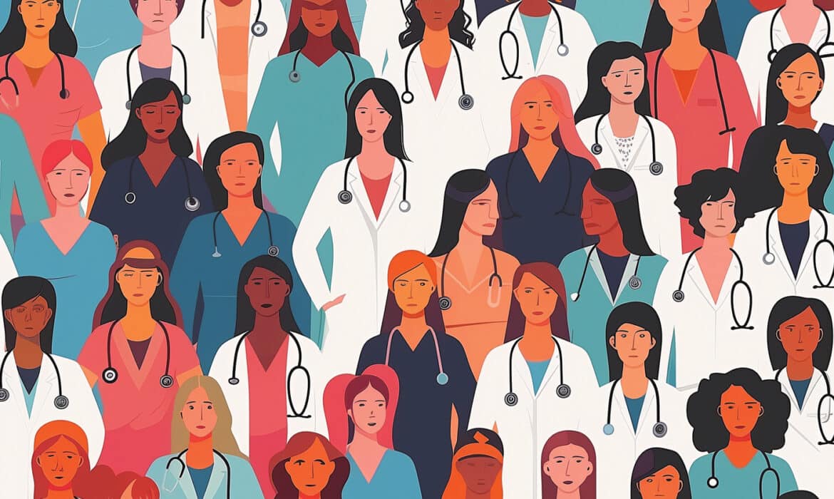 Illustration of women in medicine, of a diverse background with stethoscopes around their necks.