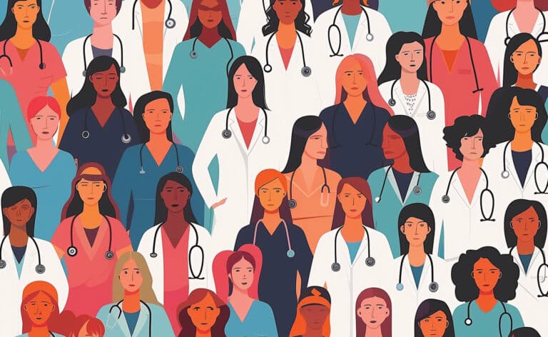 Illustration of women in medicine, of a diverse background with stethoscopes around their necks.