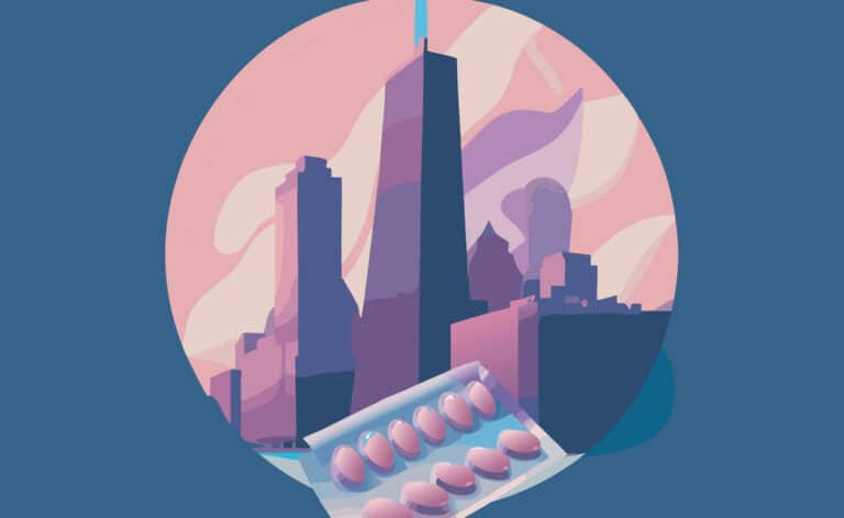 Birth control pill in front of a Chicago skyline illustration symbolizing invention in Chicago