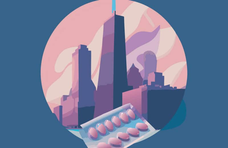 Birth control pill in front of a Chicago skyline illustration symbolizing invention in Chicago