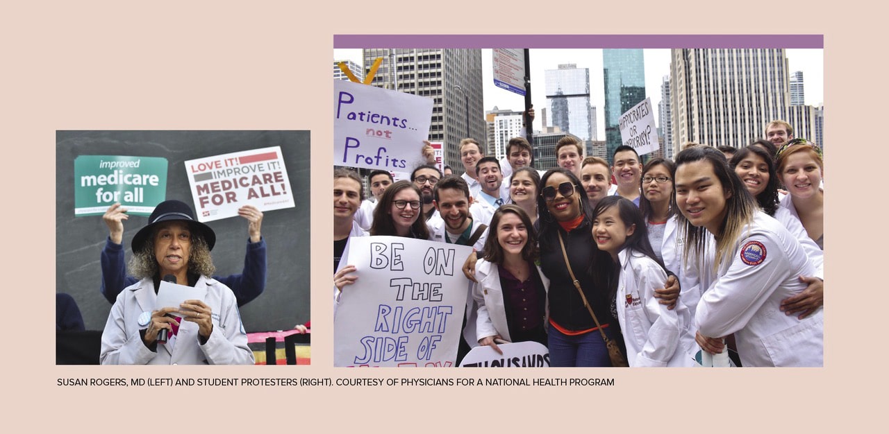 Susan Rogers, MD (left) and student protesters (right). Courtesy of Physicians for a National Health Program