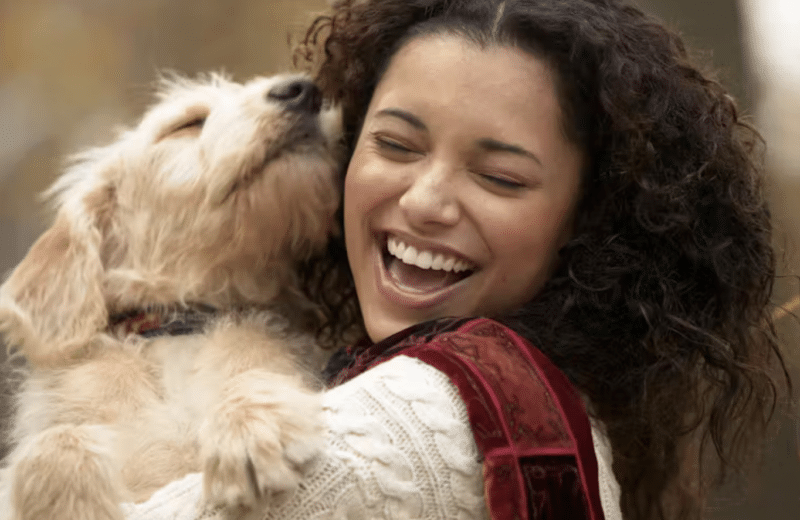 A woman with dark curly hair smiles, laughing, as she hugs a dog. pets