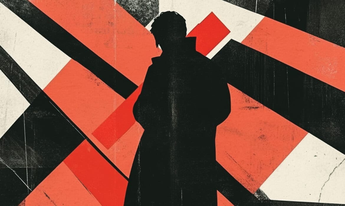 Illustrated silhouette of dark figure in a long coat with geometric red shapes in the background representing the the topic of gun violence