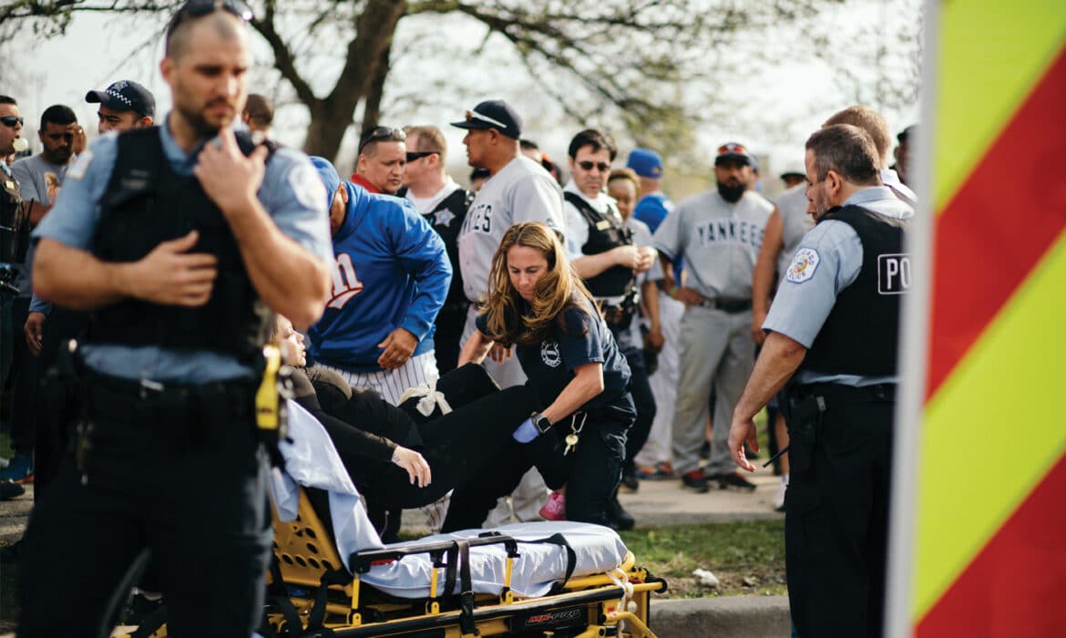 Emergency responders at a shooting, gun violence response. Photo by Jim Vondruska.