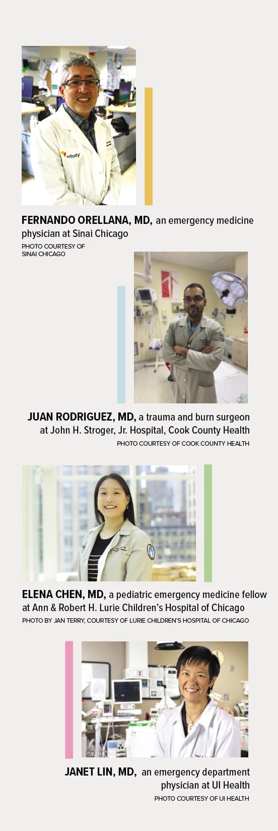 Pictures of emergency doctors. Fernando Orellana, MD; Juan Rodriguez, MD; Elena Chen, MD; Janet Lin, MD