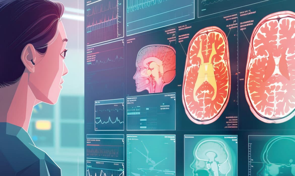 Illustration of a doctor looking at a large digital monitor with brain scans and test results representing information gathered with artificial intelligence