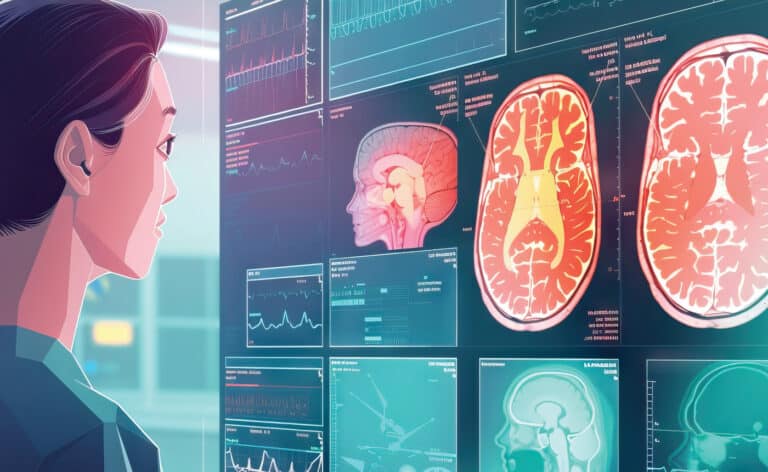 Illustration of a doctor looking at a large digital monitor with brain scans and test results representing information gathered with artificial intelligence