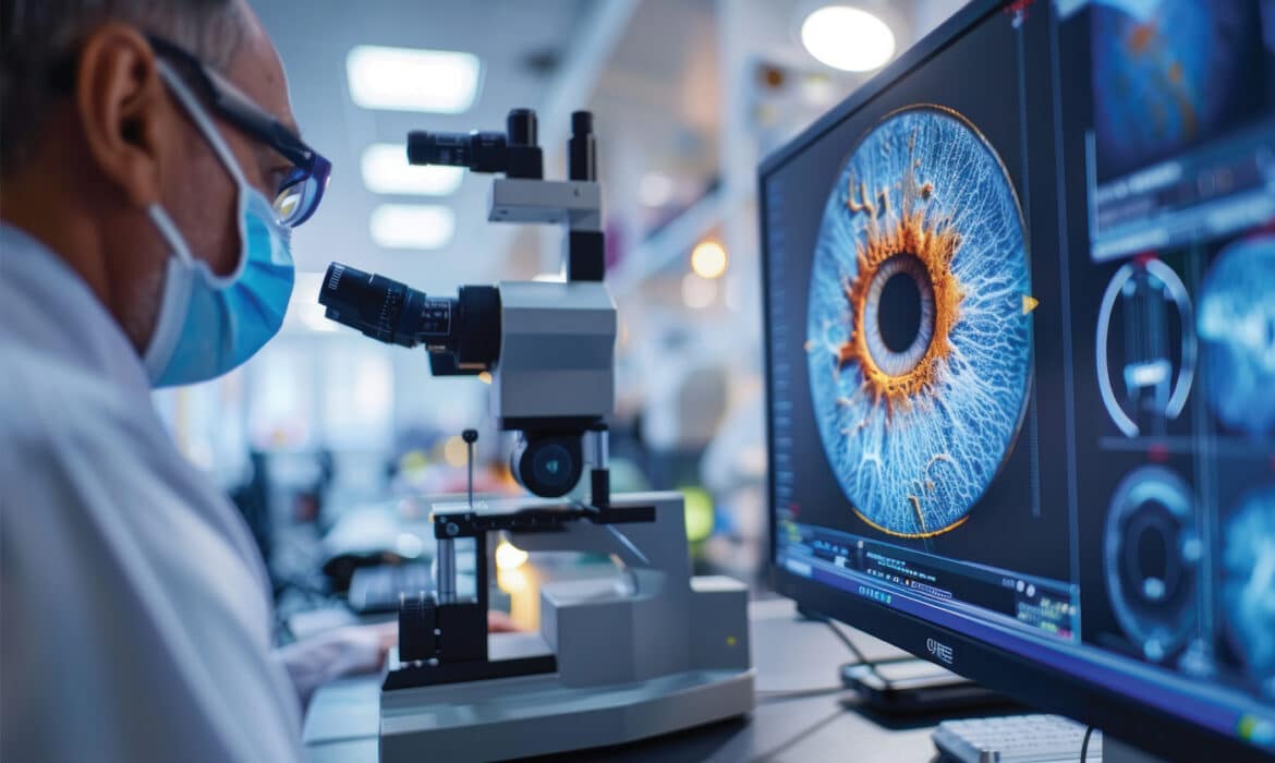 AI used in diabetic retinopathy. A doctor examines results on a monitor