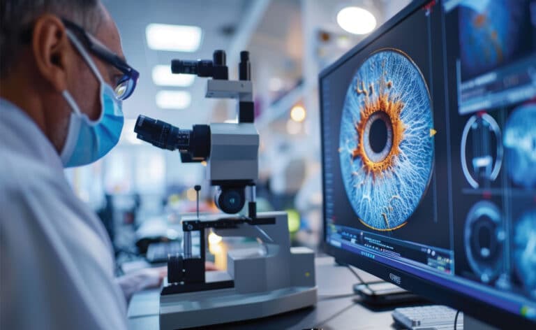 AI used in diabetic retinopathy. A doctor examines results on a monitor