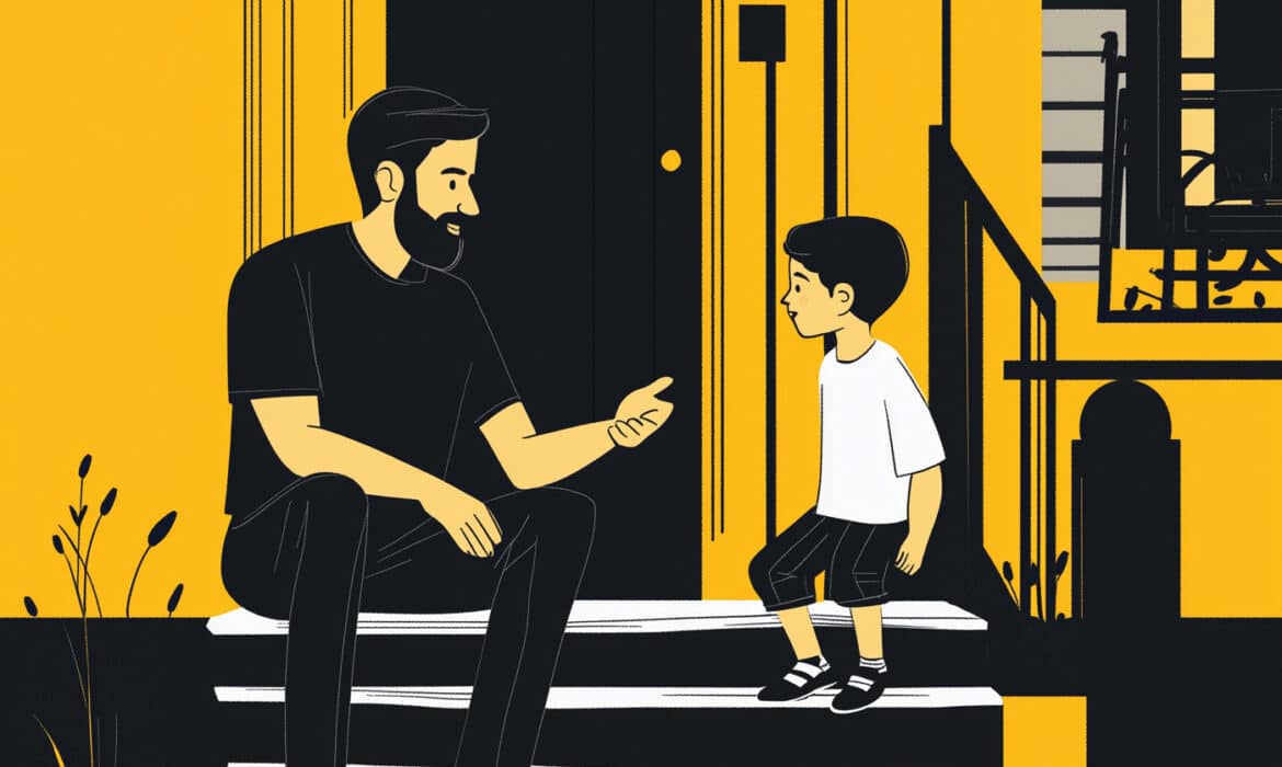 Illustration of a father talking to his son about guns, sitting on the front steps of his house.