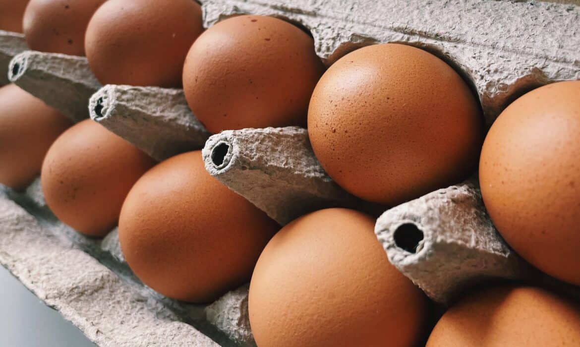 A dozen brown eggs sit in a cardboard container.