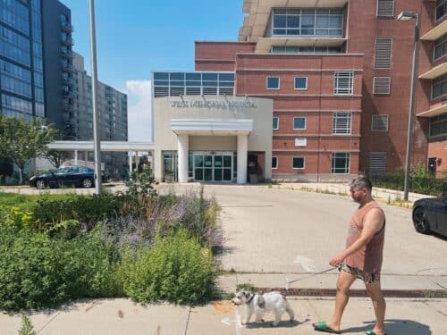 A man walks his dog past Weiss Memorial Hospital