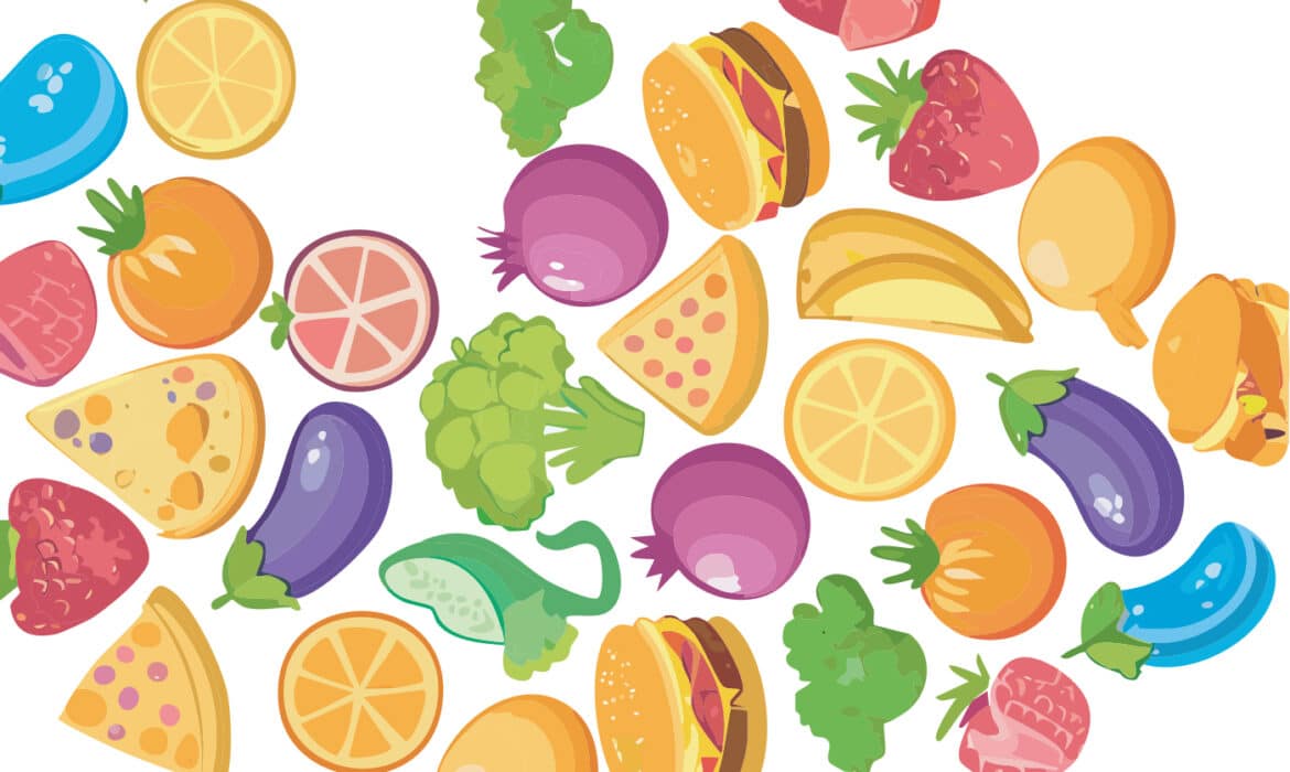 Illustration montage of different types of food. The consequences of dietary choices.