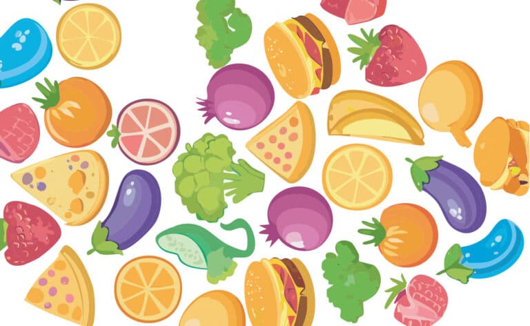 Illustration montage of different types of food. The consequences of dietary choices.