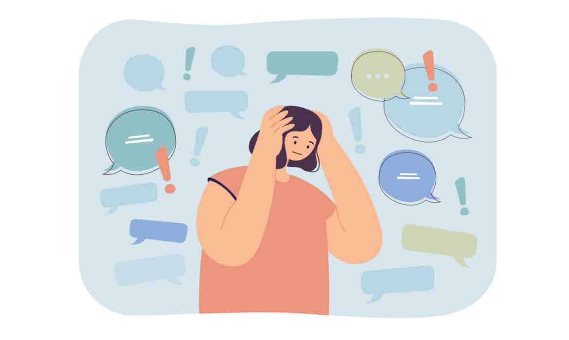 Illustration of a confused woman trying to differentiate between various diets and healthy eating