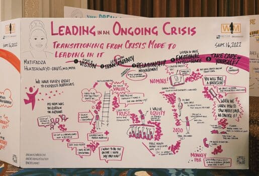 A sign in the Women In Medicine Summit registration room describes leading during crisis. Photo by Katie Scarlett Brandt