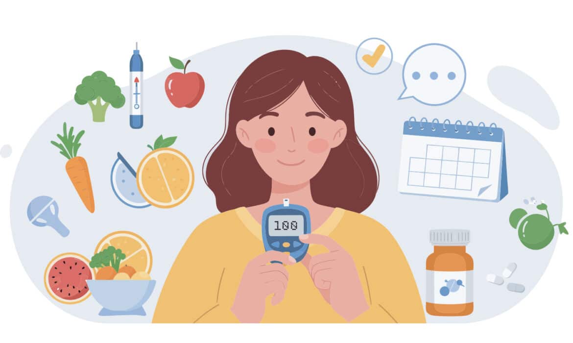 Illustration of a woman with a glucose meter for diabetes