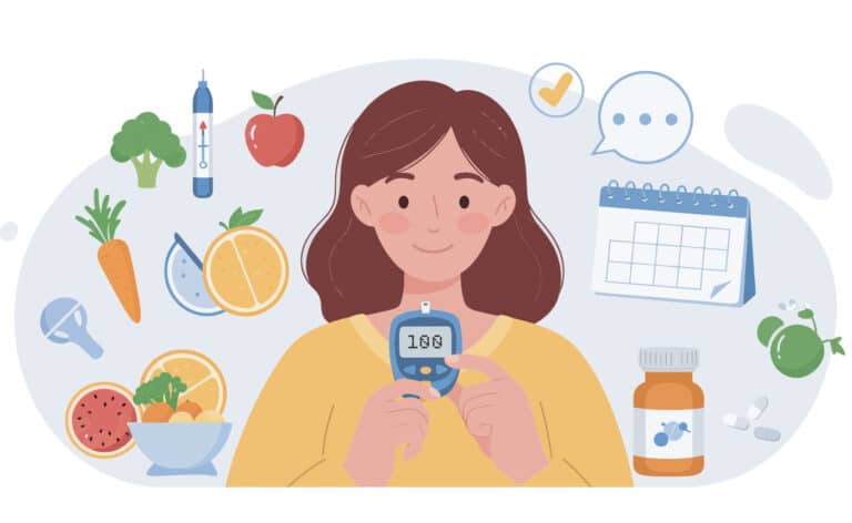 Illustration of a woman with a glucose meter for diabetes