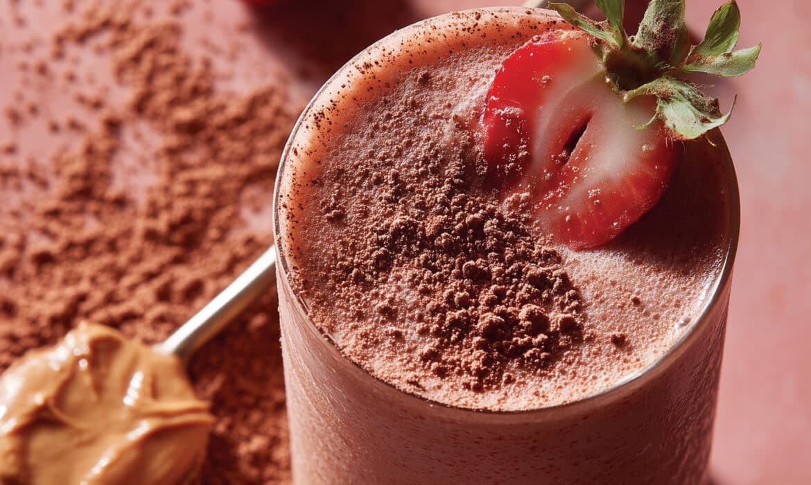 Healthy smoothie. Strawberry, peanut butter and cocoa powder smoothie