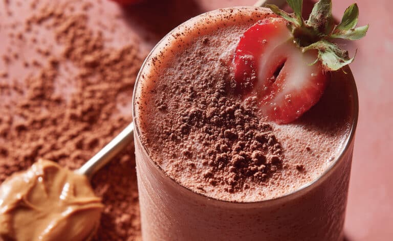 Healthy smoothie. Strawberry, peanut butter and cocoa powder smoothie