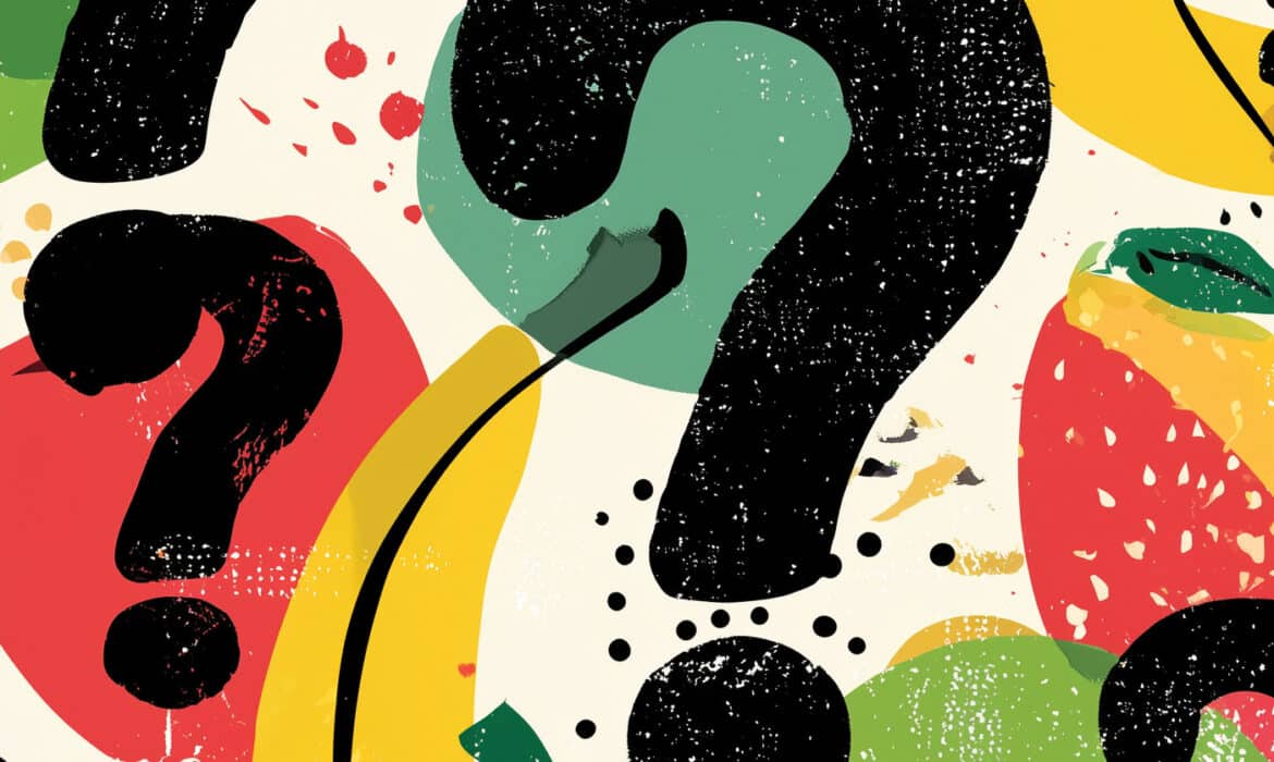 Illustration of produce surrounded by question marks
