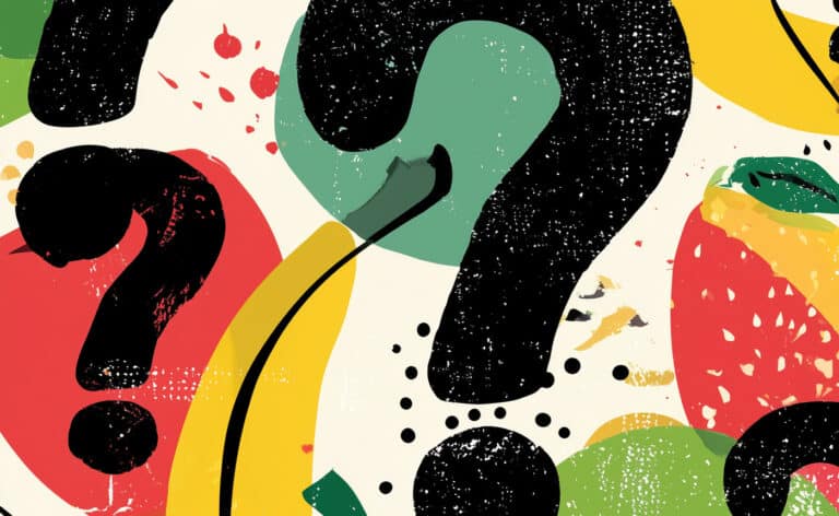 Illustration of produce surrounded by question marks